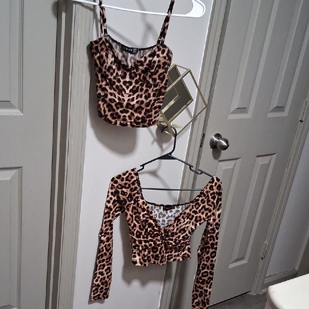 Leopard Print Women's Crop Top Set (XS) Crop (S) With Sleeves